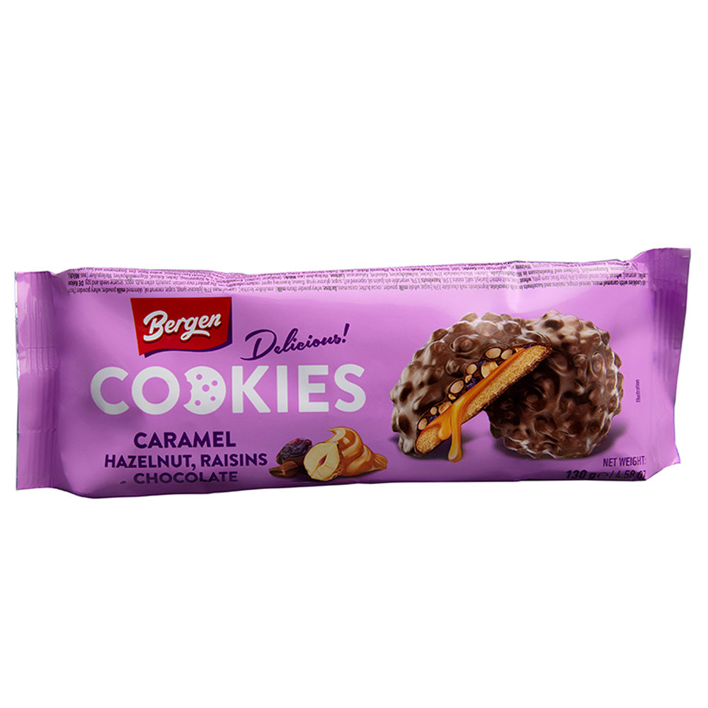 Galleta Con Caramelo, Avellanas, Pasas Y Chocolate Bergen130 GR