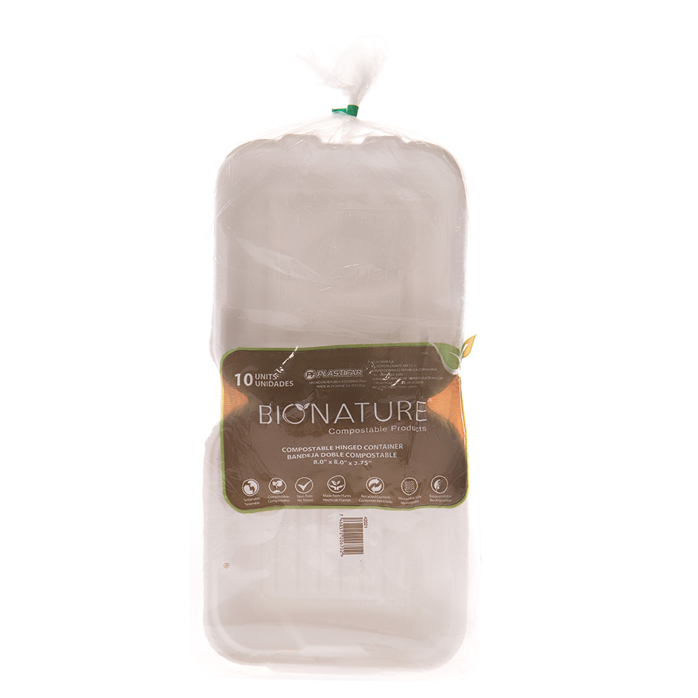 Envase Doble Sin División Bionature 8" X 8" X 2.75"10 UND