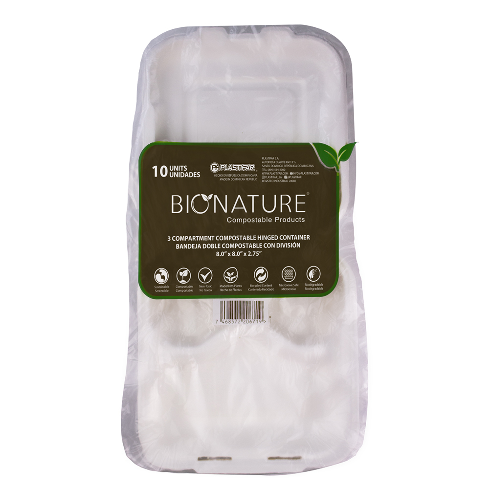 Envase Doble Con División Bionature 8" X 8" X 2.75"10 UND