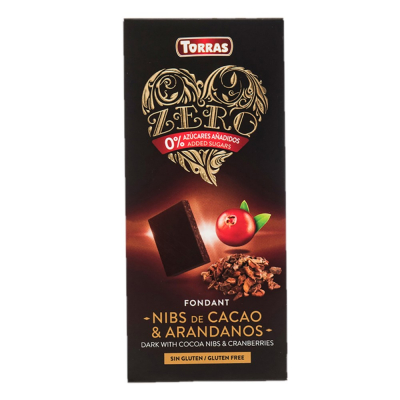 Chocolate Negro Con Nibs De Cacao Y Arandanos Zero Azucar Torras 125 Gr