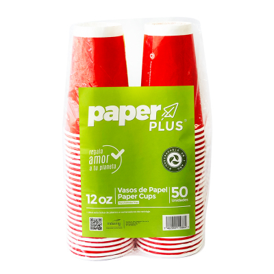 Vaso De Papel Rojo 12 Onz Paper Plus 50 Und/Paq